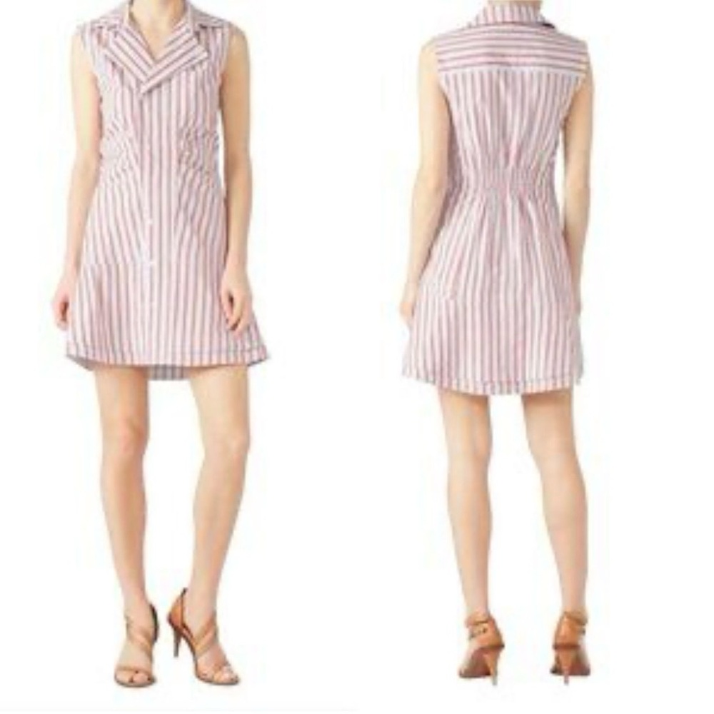 Derek Lam 10 Crosby V~Neck Striped Sleeveless Button Up Cotton Shirt Dress Sz 16